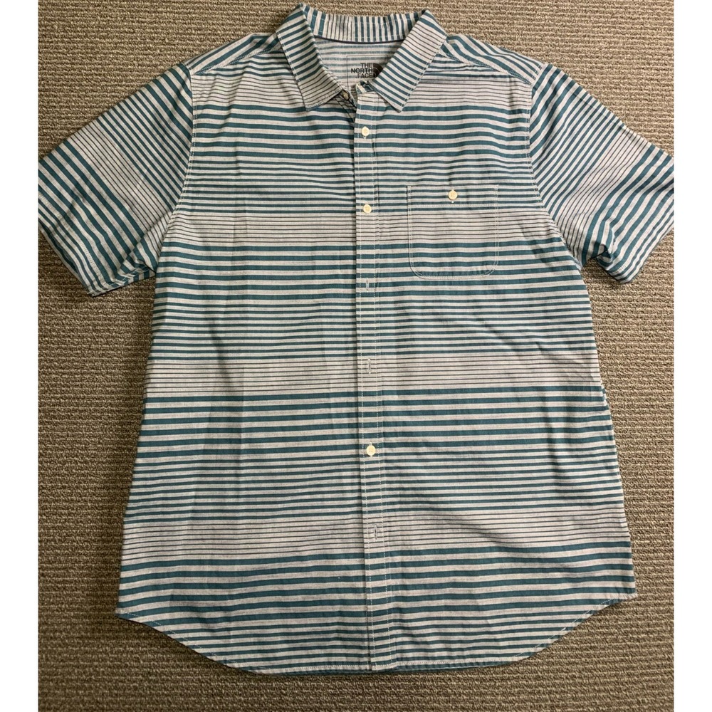 The North Face Shirt Mens Size XLarge Blue Gray Stripe Short Sleeve Button Up